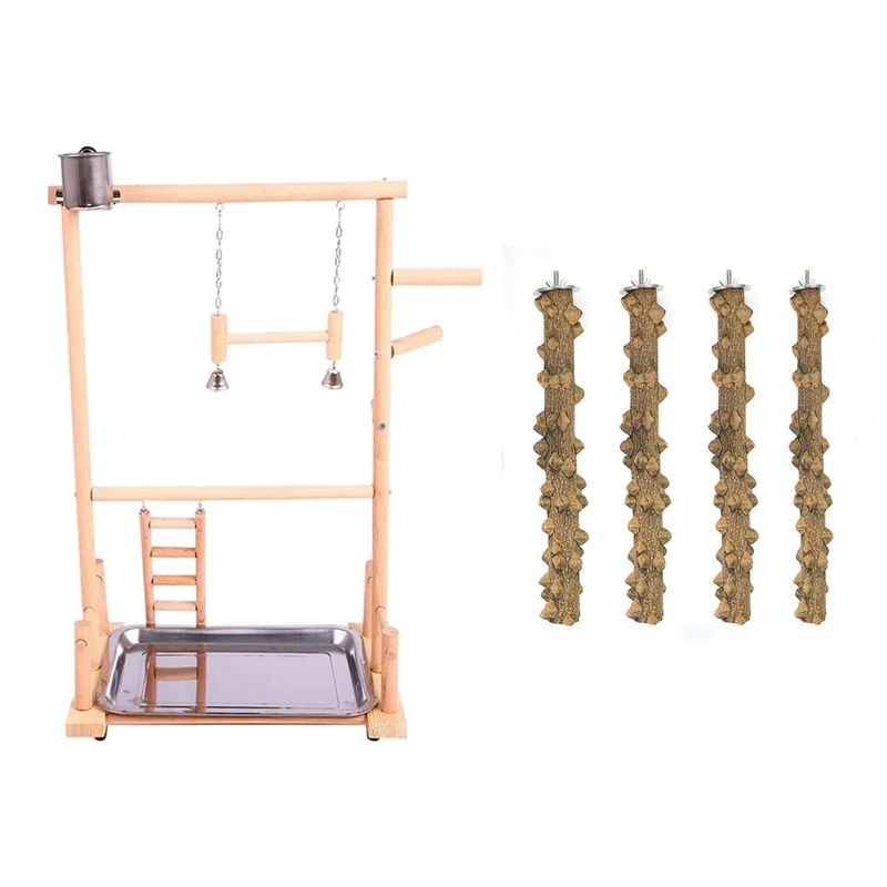 

1 Pcs Parrot Play Stands with Cup Toys Tray Bird Swing & 4 Pcs Bird Perch Nature Wood Prickly Parrot Stand Toy