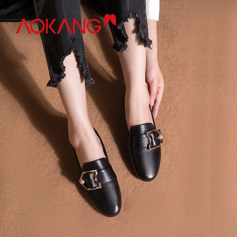 AOKANG/2019 черные лоферы на плоской подошве женские мокасины из натуральной кожи