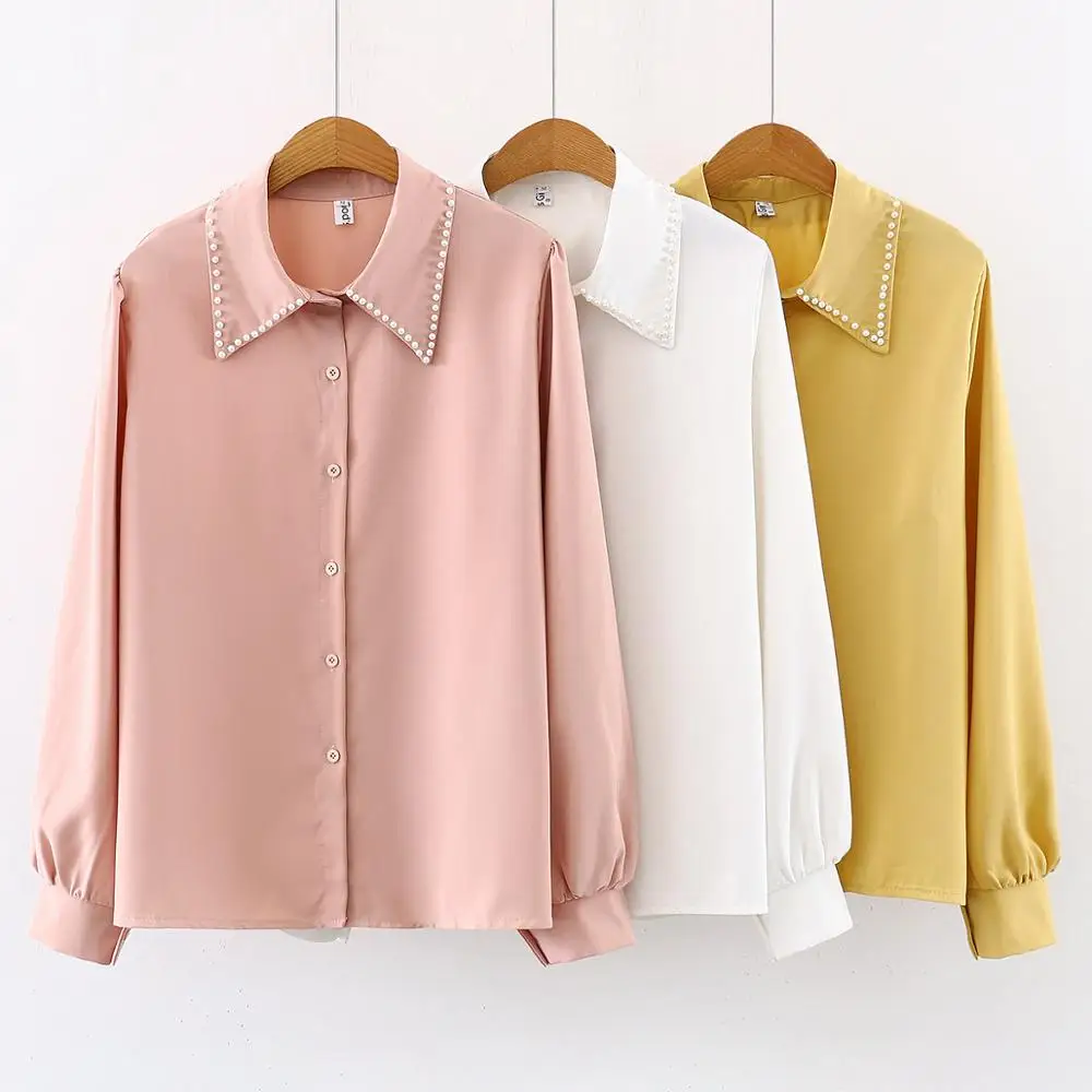 2020 new fashion Pearl collar long sleeve button up shirts women pink yellow white blouse women tops korean clothes blusas C511