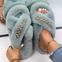 faux fur slippers for women thin golden chain style furry slides designer ladies house slippers flip flops female furry shoes