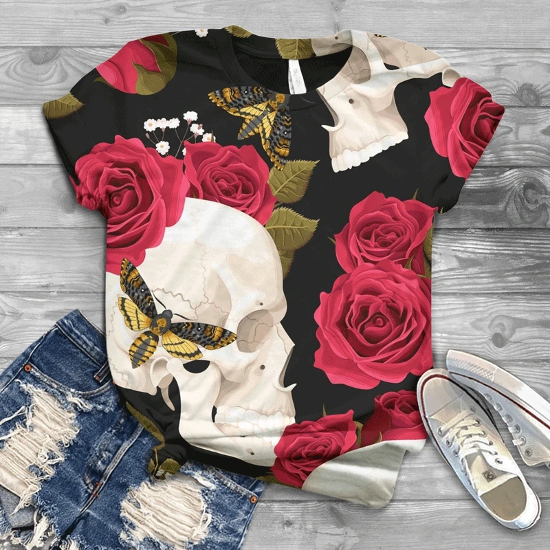 

Camiseta con estampado3Dde calavera para mujer,top de manga corta de verano,camiseta popular multicolor que combina con todo
