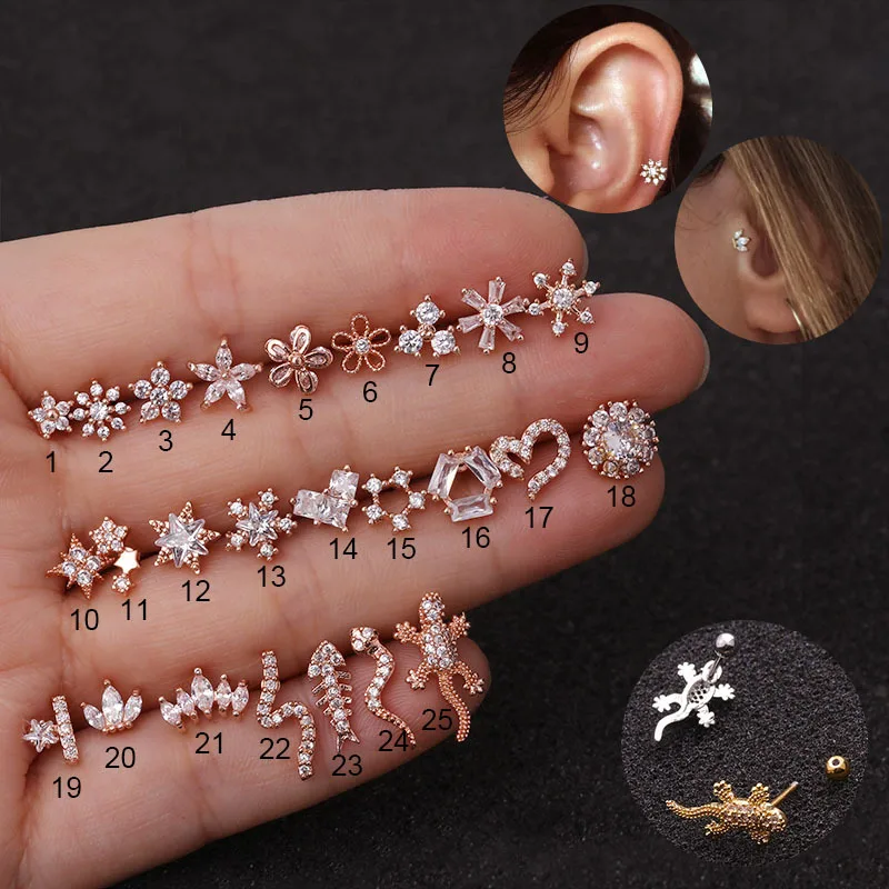 

New Rose Gold Color Plants And Animals Cz Cartilage Earring Conch Rook Lobe Tragus Stud 20g Helix Piercing Jewelry