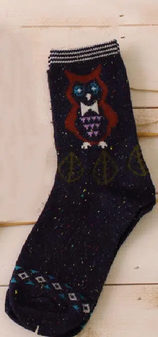 owl navy Милые теплые носки с рисунками животных; женские новые японские Носки с рисунком оленя, кота, лисы, волка; шерстяные смешанные дышащие носки; сезон осень-зима - Цвет: owl navy