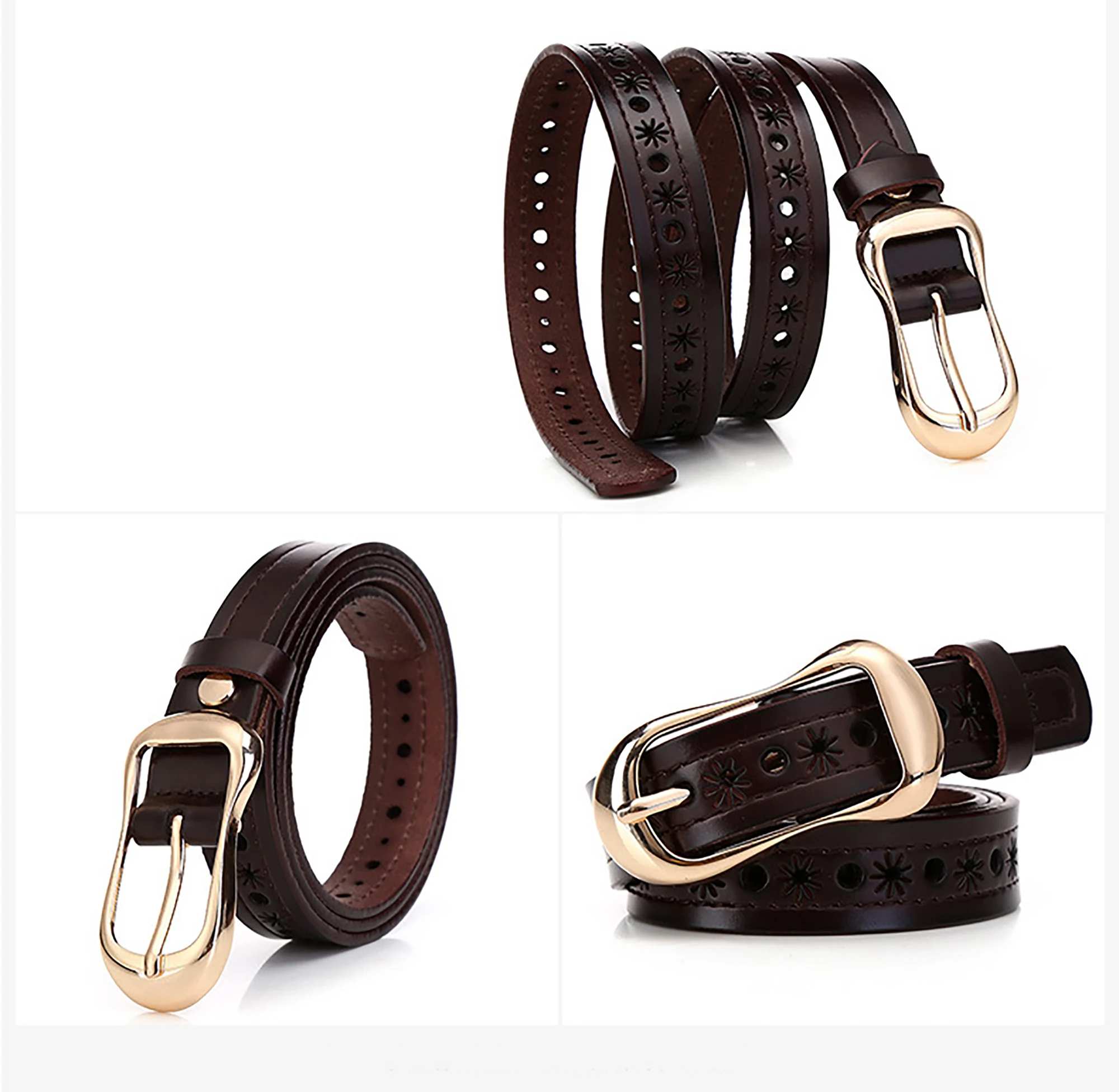 

Cowhide Belt Korean Fashion Women's Hollow Thin Narrow Belt Women's Metal Pin Buckle Casual Belt