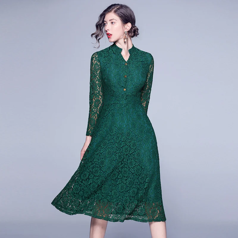 Женское ажурное кружевное платье зеленое с длинным рукавом весна вечерние ень