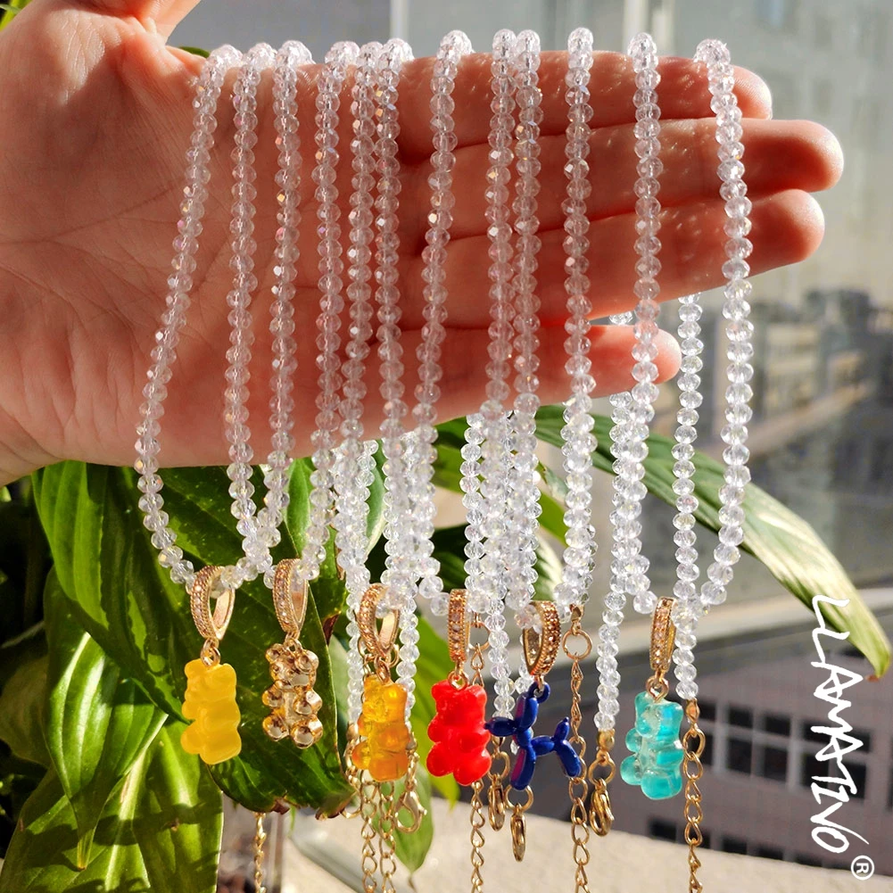 

Fashion Gummy Bear Balloon Dog Transparent Beaded Necklace For Women Colorful Zircon Cartoon Animal Bear Necklaces Party Jewelry