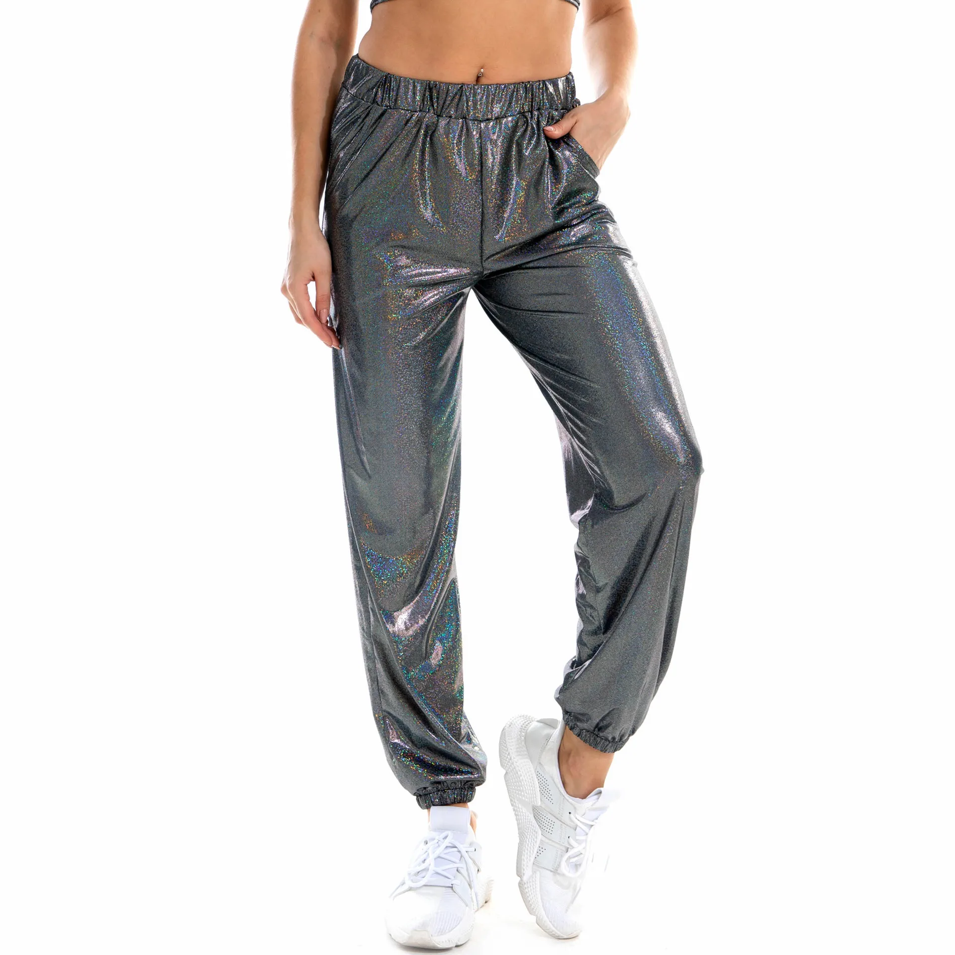 

Women's Summer Hip-Hop Shiny Breathable Elastic Waist Casual Pocket Leggings