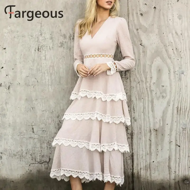 Модное Элегантное белое кружевное платье с вырезом женское многослойное макси v