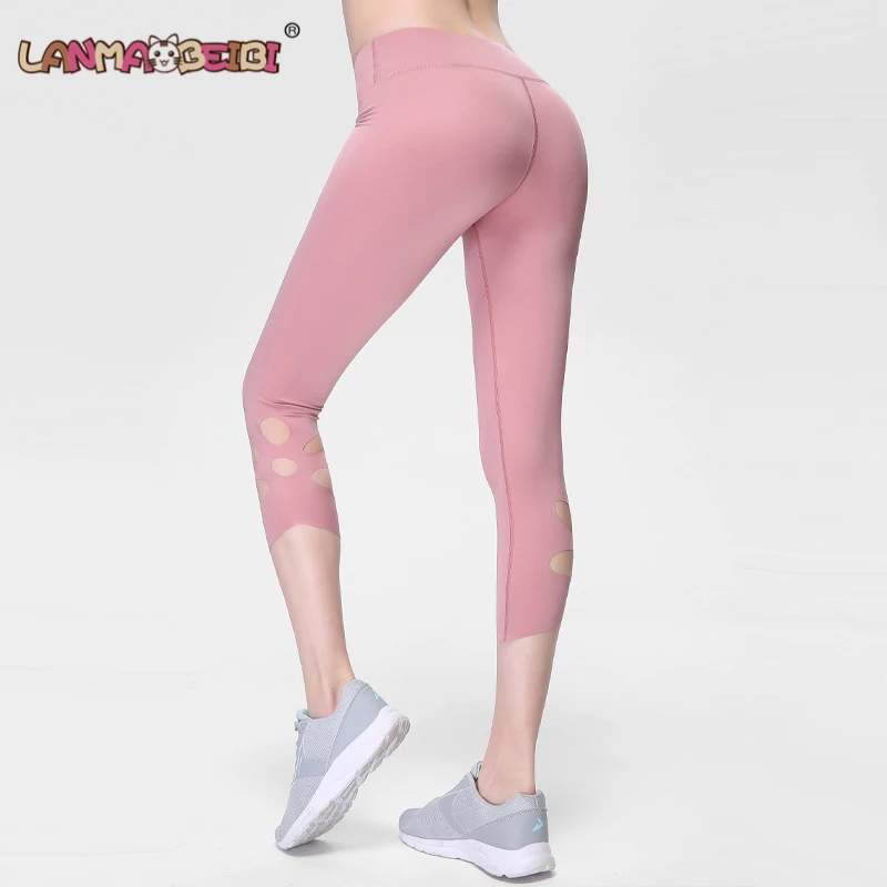 

Women's Yoga Pants Four colours Capris High Elastic Waist Solid Skinny Stretch Leggings for Fitness Size S-L