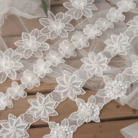 pearl beaded lace trim flower lace fabric applique ribbon embroidered 3d patches wedding garment needlework sewing accessories