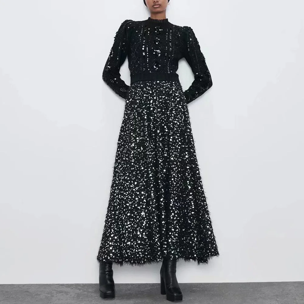 

Za Autumn Skirts Womens 2021 Long Black Skirt Women Elastic Waist Sequins High-Waisted Skirt High Street Tulle Skirt For Woman