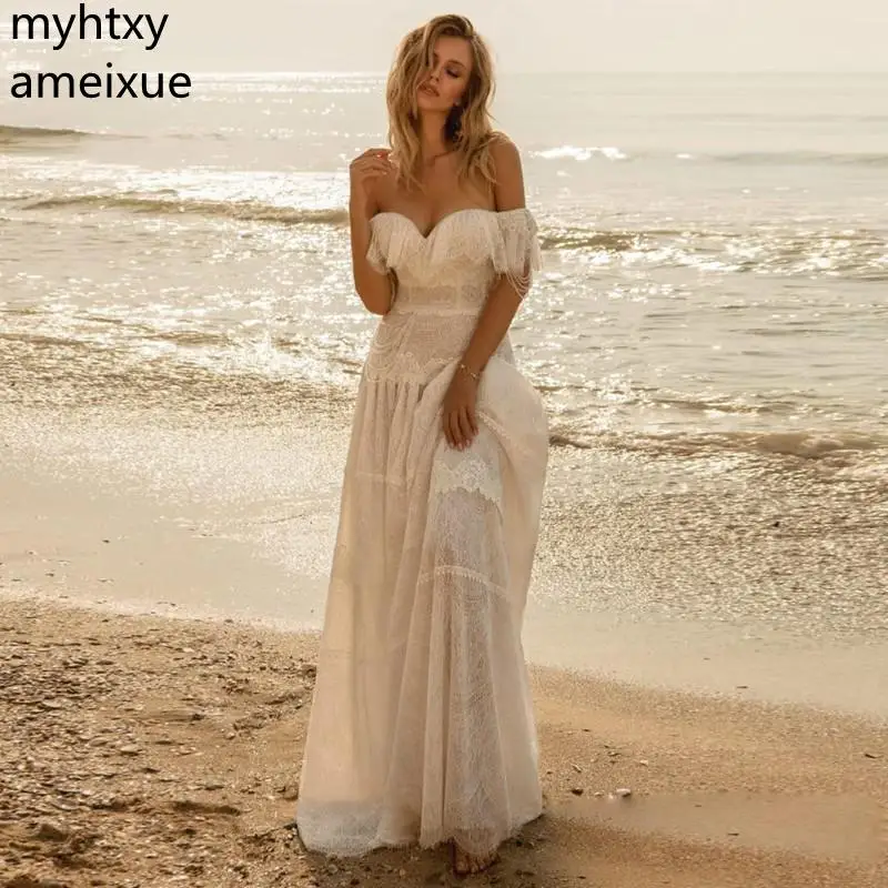 

Sexy Boho Full Lace Long White Wedding Dress 2021 Off The Shoulder Ruffles A Line Bridal Gowns Beach Plus Size Vestido De Noiva