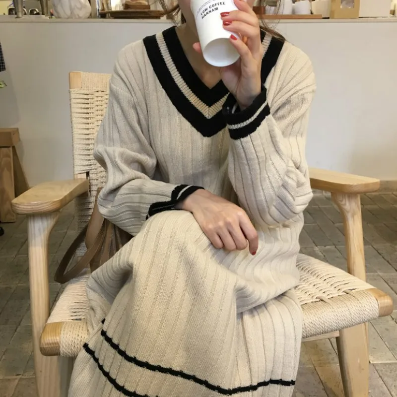 Women Autumn Winter Long Sweater Dress V Neck Patckwork Straight Vestidos Vintage Robe Pull Femme Sukienki Jurken Ropa Mujer | Женская