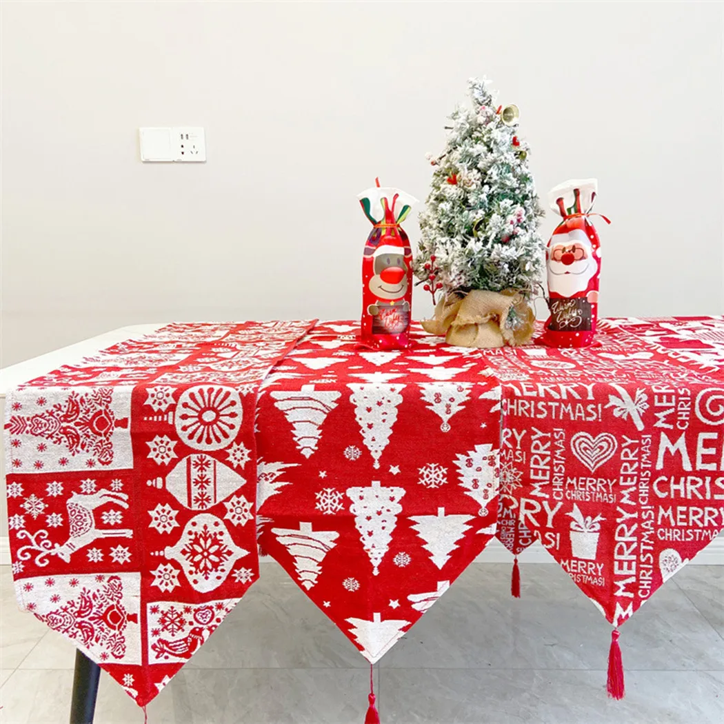 

1pcs Christmas Table Runner Fashion Polyester Cotton Red Tablecloth Christmas Home Desktop Decor Ornament New Year Gifts