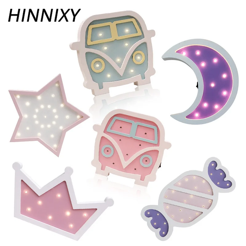 Hinnixy карамельный цвет деревянный ночной Светильник s Crown автобус звезда луна лампа Настенный подвесной стол украшения для спальни домашний Декор Светильник