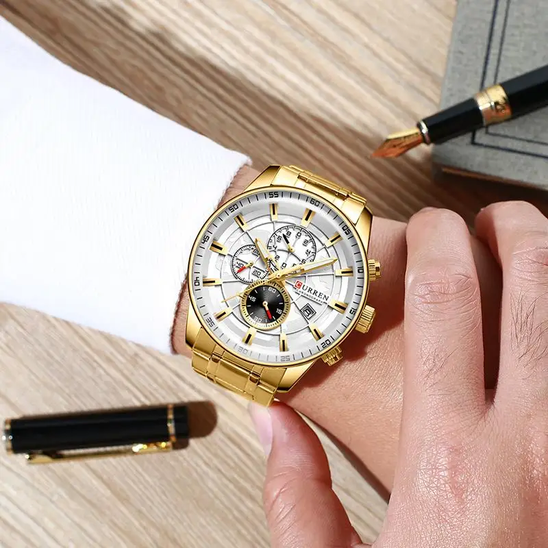Часы CURREN Мужские кварцевые роскошные брендовые золотистые спортивные
