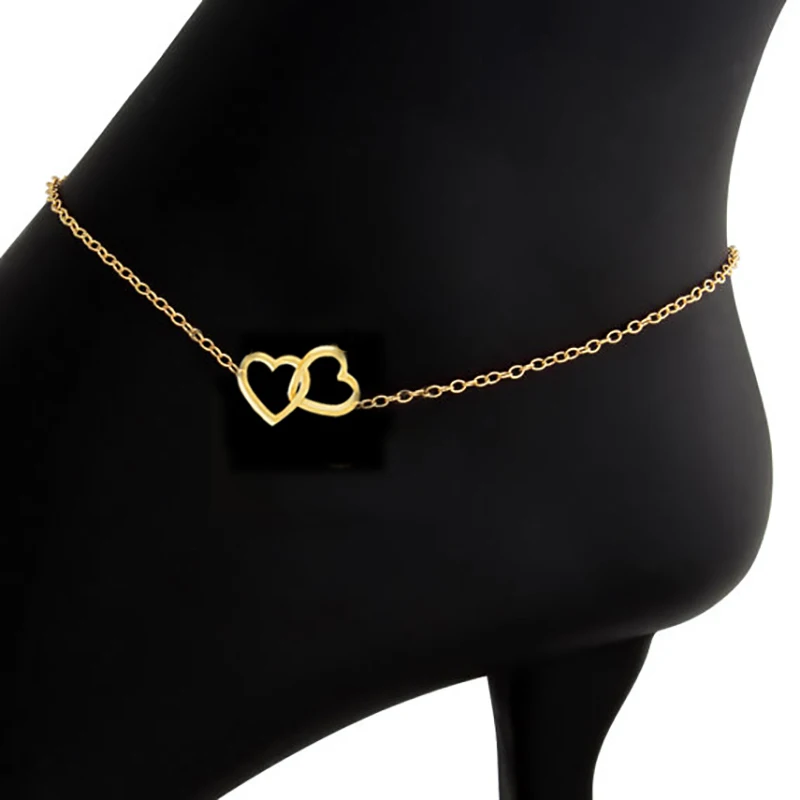 DIANSHANGKAITUOZHE Gold Colour Bijoux De Pied Femme Leg Chain Stainless Steel Bracelet Women Double Heart Foot Anklets|foot anklet|bijoux de