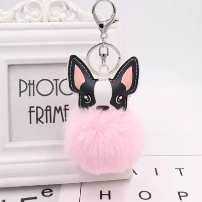YS-9 Fluffy Rabbit Fur Ball French Bulldog Keychain Pompom Key Chain Pu Leather Animal Dog Keyring Holder Bag Charm Trinket Chaveiros - Color: YS-9