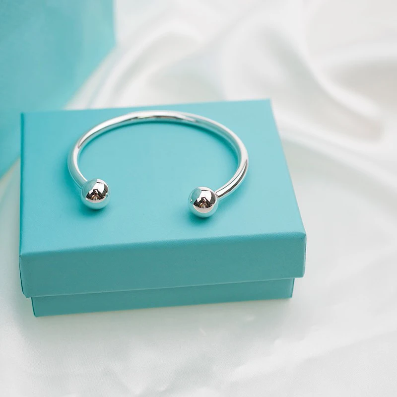 

925 Sterling Silver Bracelet For Women Simple Opening Double Bead Bracelet Temperament Shopping Dating Luxury Jewelry Gift