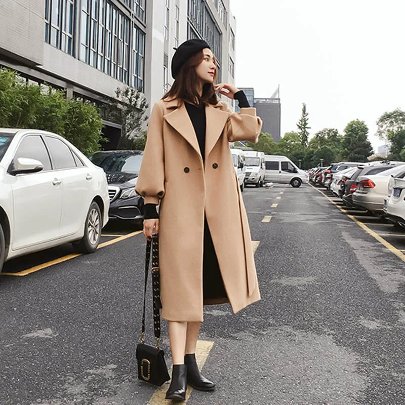 

JCHB 2021 Woolen Office Lady Loose Long Winter Coats Single Button Sashes Wool Coat and Jacket Turn-down Collar Ladies Coats