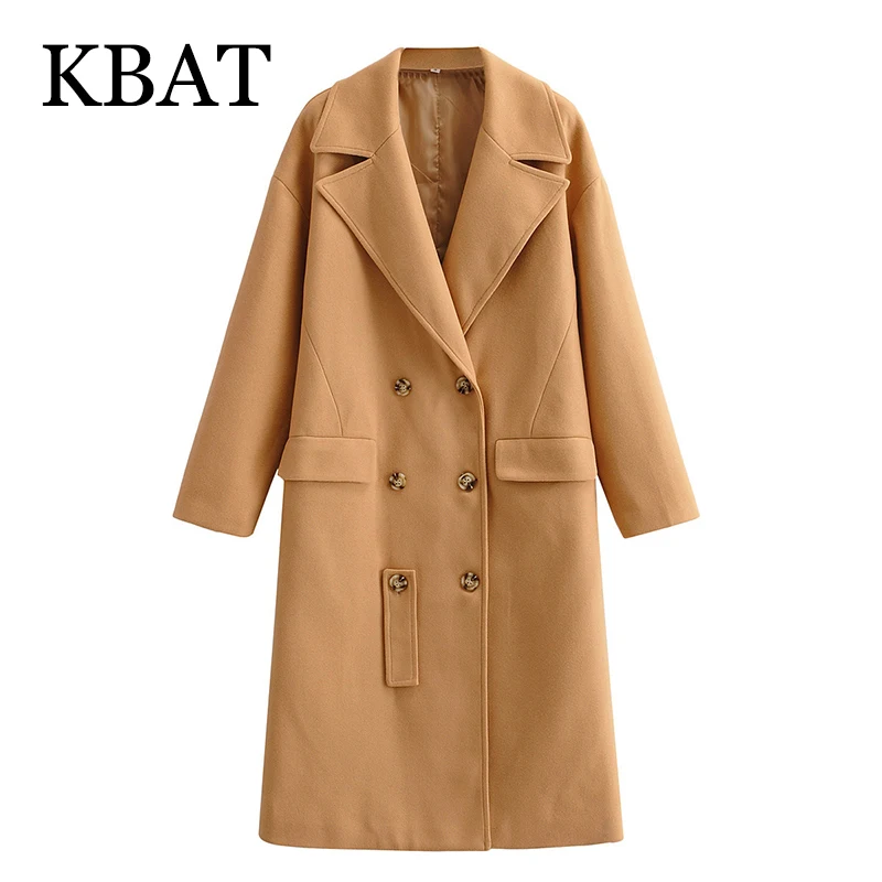 

Женское длинное двубортное пальто KBAT, свободное шерстяное пальто с длинным рукавом и лацканами, однотонная верхняя одежда, осень-зима 2021