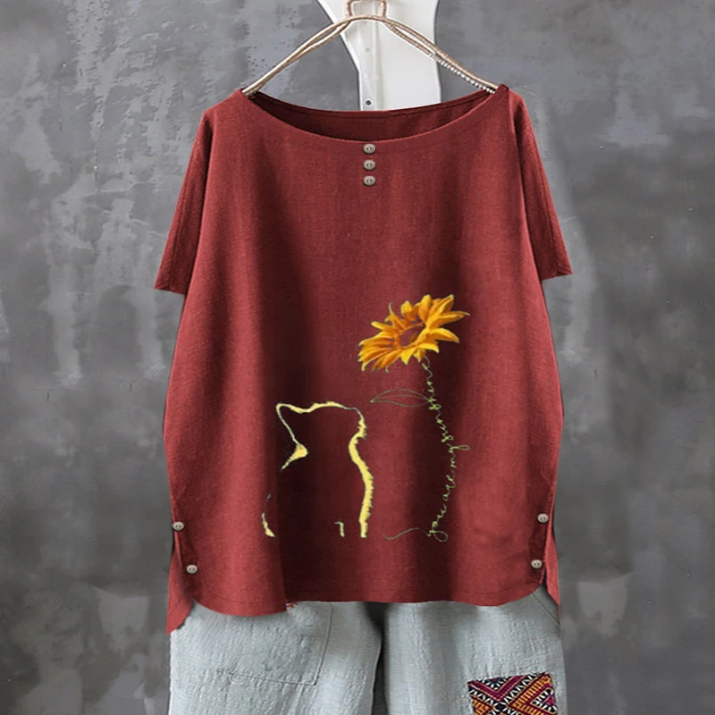 M-5XL de algodón de manga corta para mujer, blusa holgada informal de talla grande con cuello redondo, talla grande