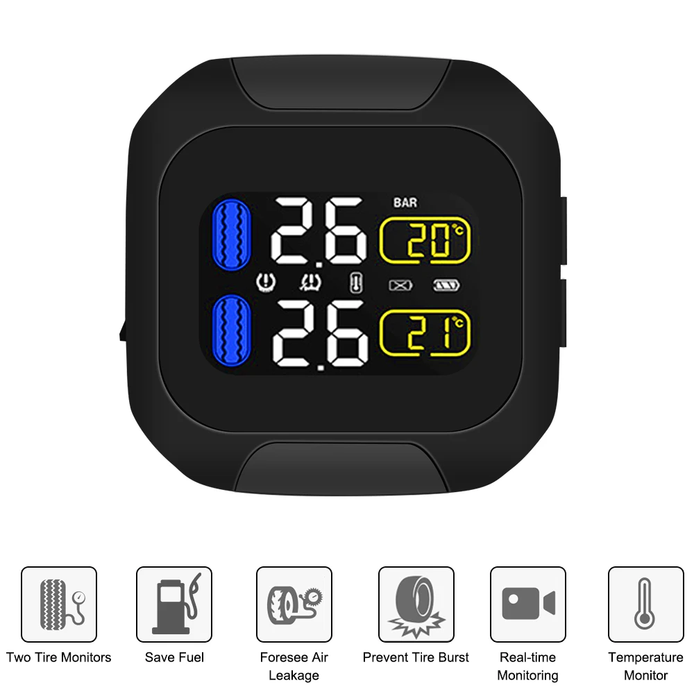 

2 External Internal TH/WI Sensors Motor Tire Pressure Monitoring System Motorcycle TPMS LCD Display Tyre Temperature Alarm