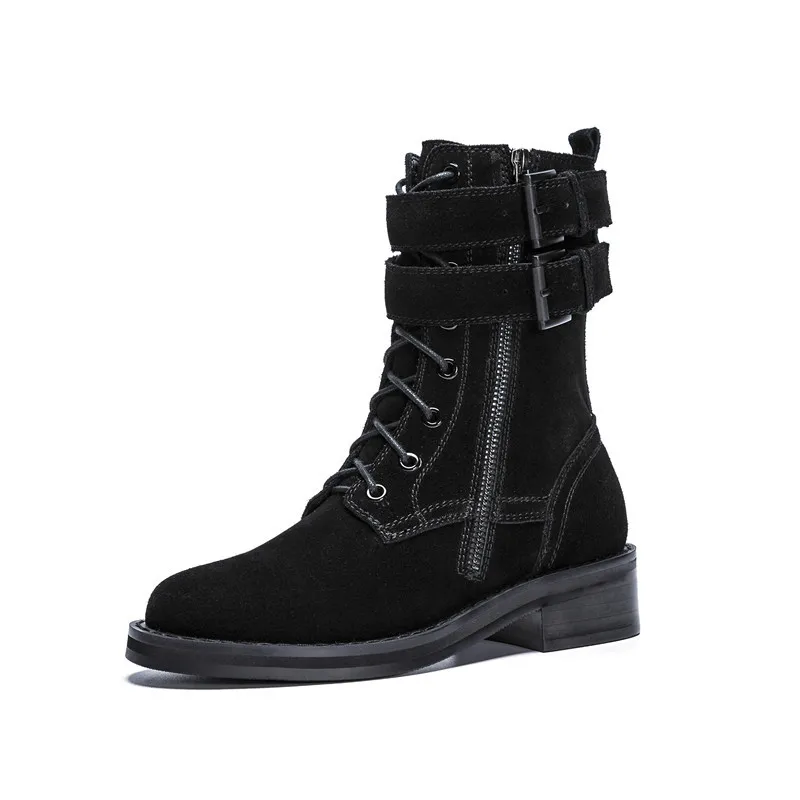 

Black Women's Cool Motorcycle Ankle Boots New Leather Round Toe Thick Heel High-top Handsome Belt Buckle Short Trendy Boots