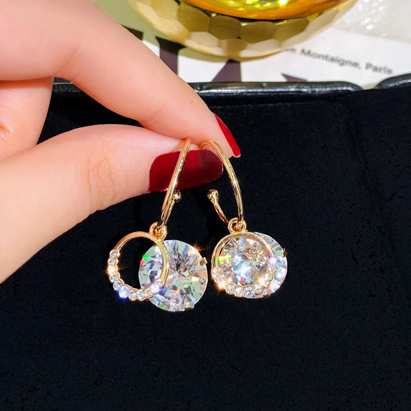 

USTAR Cute Round Crystal Drop Earrings for women Girl Classic Rhinestone Geometric gold Dangle Earring Female Fashion Jewelry