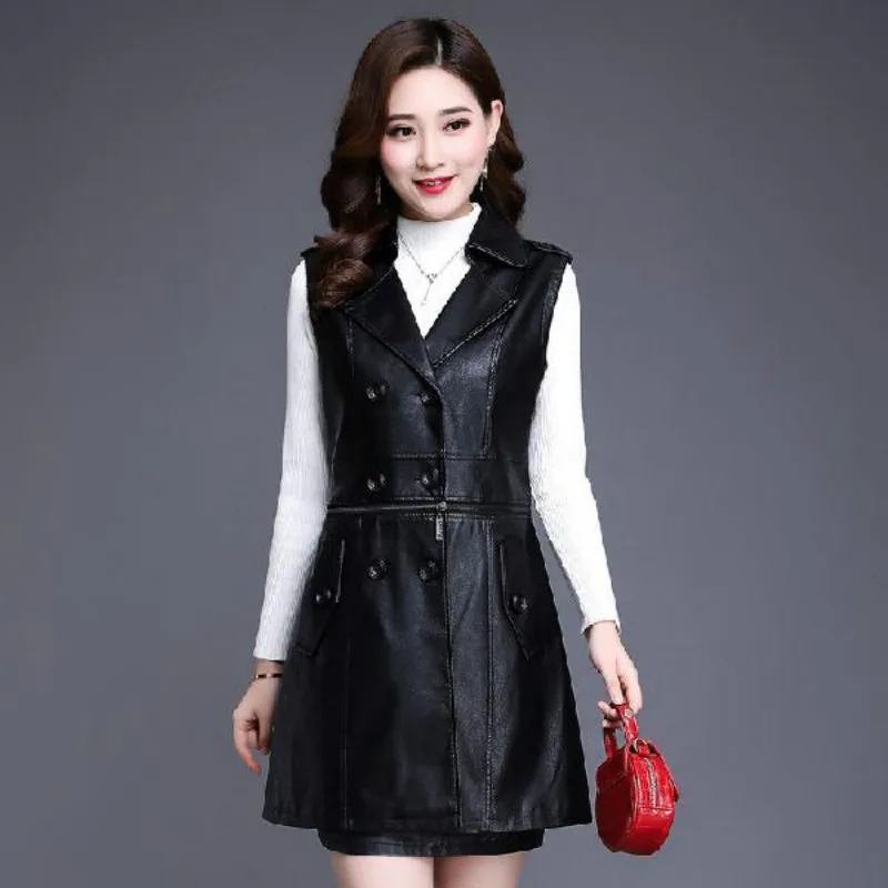 

Spring Long Faux Leather Vest Blazer Women PU Sleeveless Jacket Femme Waistcoat Two Wear Vest Women Slim Fit Plus Size 4XL Y75