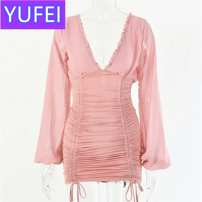 

Articat Chiffon Summer Autumn Dress Women 2021 Sexy Long Sleeve Slim Elastic Bodycon Bandage Dress Short Pleated Party Dresses