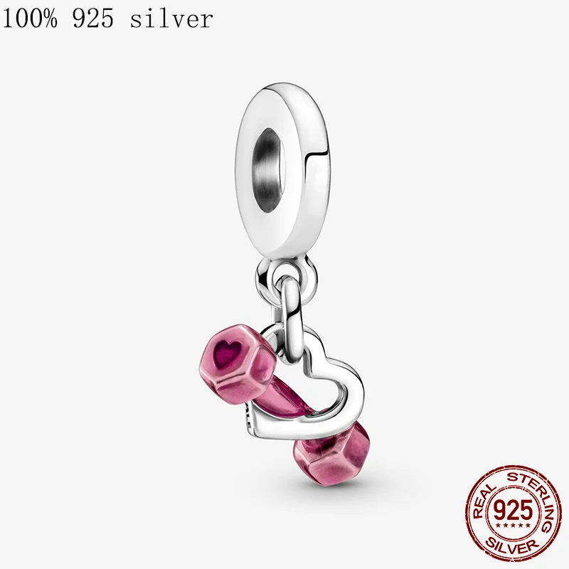 

100% Real 925 Sterling Silver Pink Dumbbell Love Charm Fit Original Pandora Bracelet&Bangle Making Fashion DIY Jewelry 2021 New