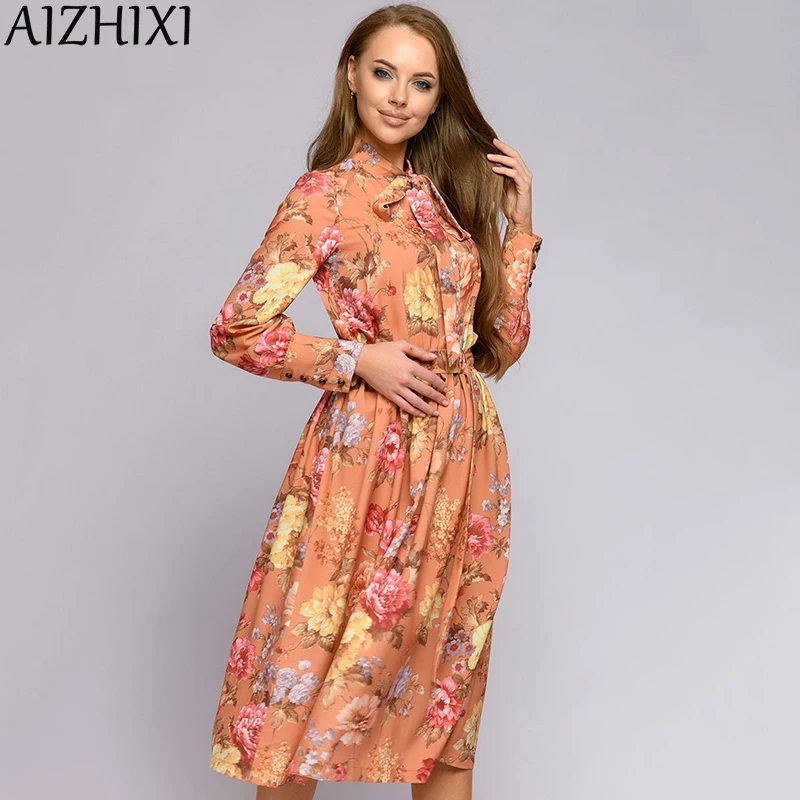 Платье AIZHIXI женское с бантом и поясом повседневное ТРАПЕЦИЕВИДНОЕ элегантное