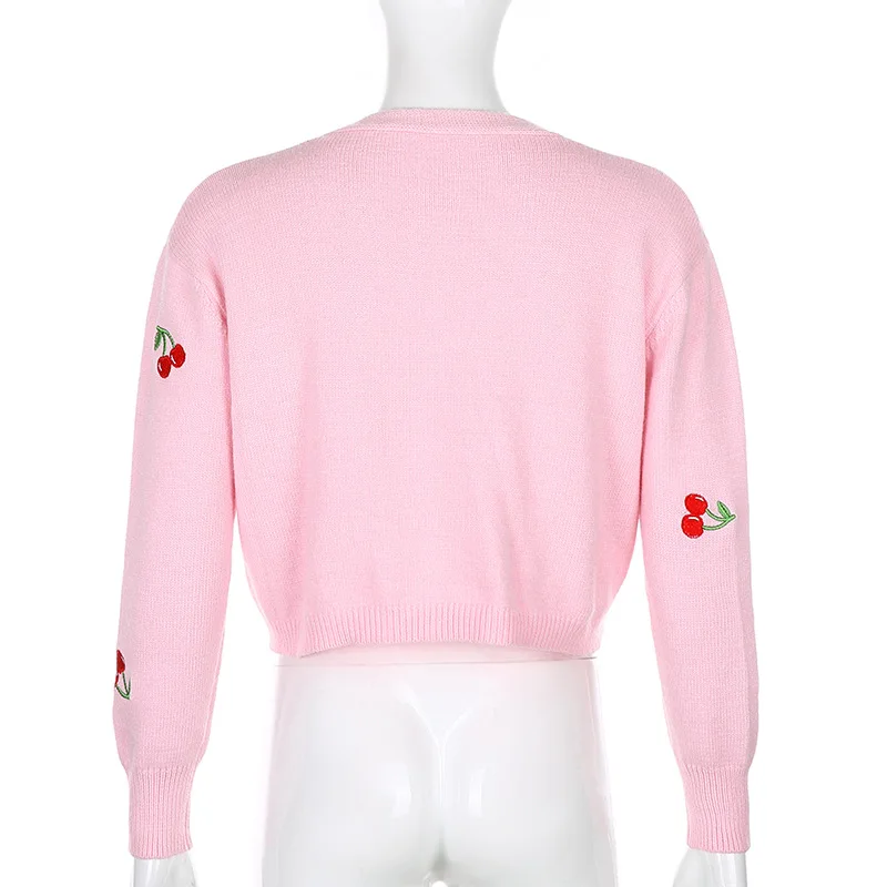 

Korean Style Women's Cropped Cardigan Sweaters Embroidery Cherry Women's sweaters V Neck Single Breasted Woman Knitted Sweater