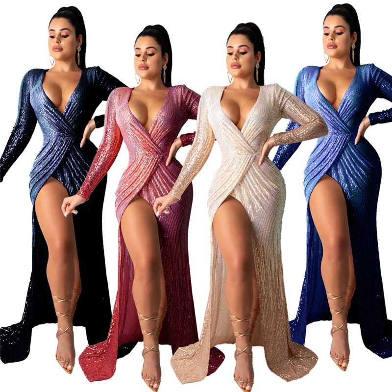 

Adogirl Women Sexy Sequins Maxi Evening Party Dress Wrap V Neck Ruched Long Sleeve High Slit Robe Long Club Dress Female Vestido