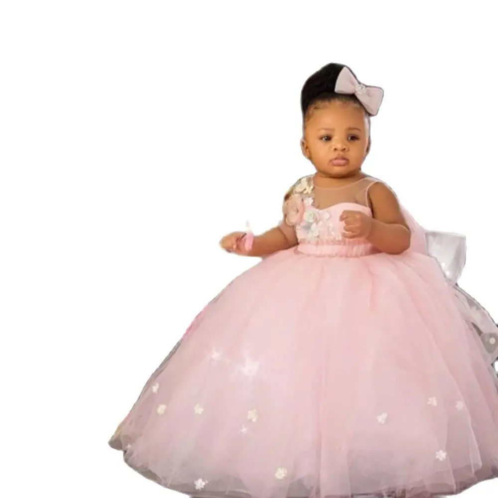 

Puffy Pink Girl Ball Gown Dresses Tulle Flower Baby Baptism First Communion Dress Bow Knot Floweer Girl Dress Girl Wedding Dress