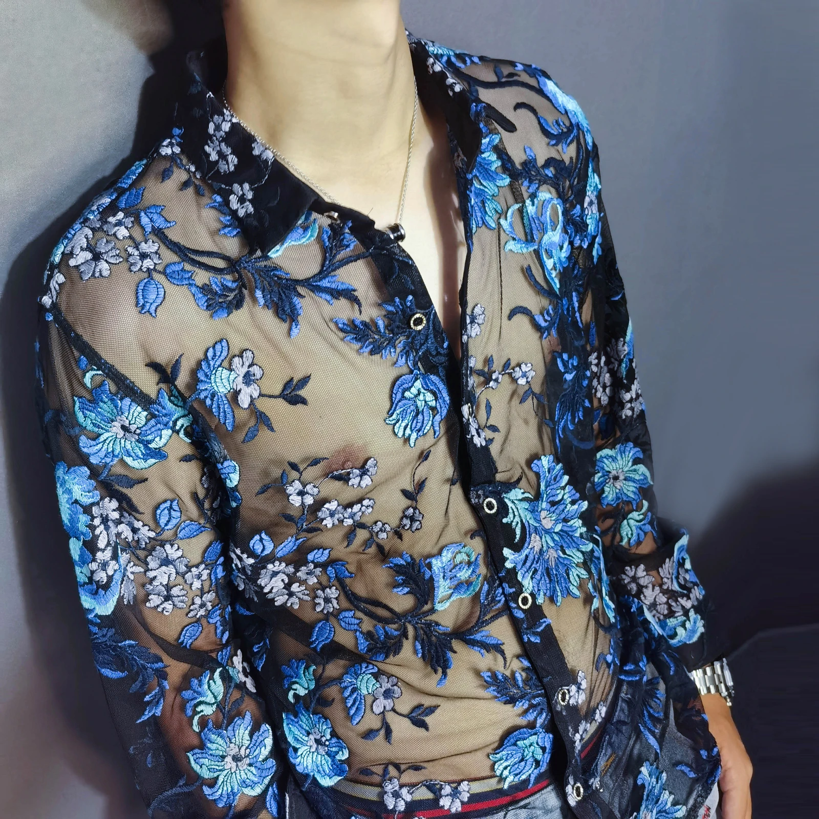 Мужская прозрачная сетчатая рубашка Chemise Homme роскошная Прозрачная Клубная с