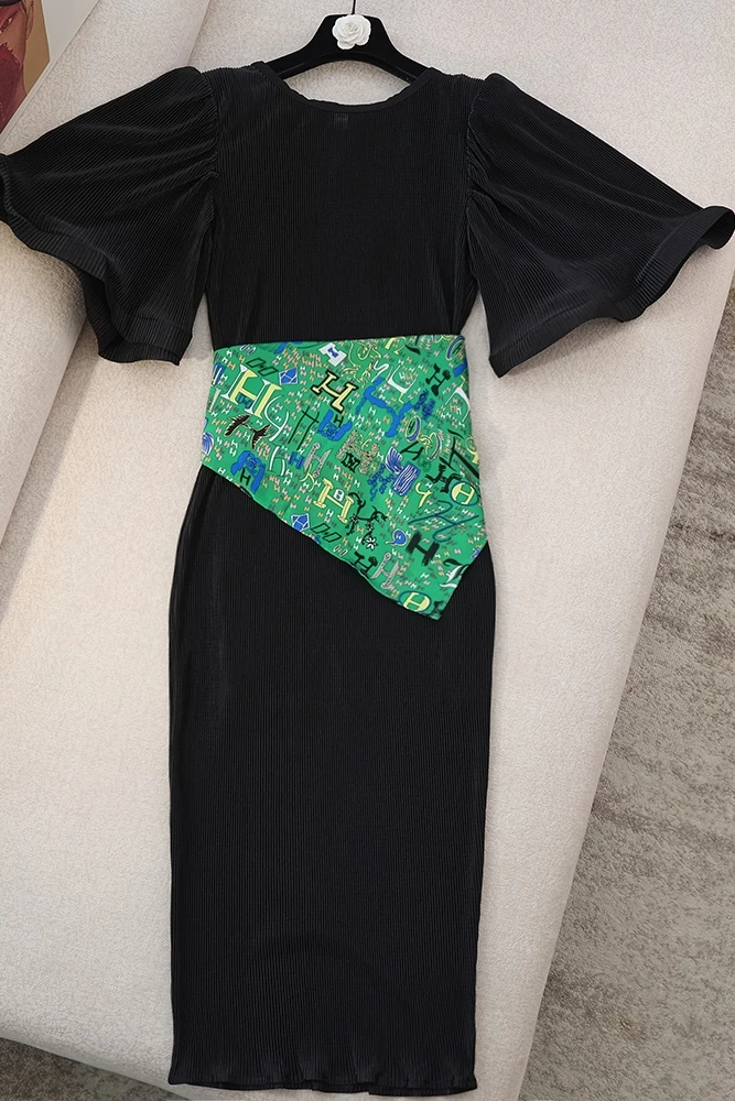 

Elegant Style Women Large Short Flared Sleeve Round Neck Pleated Long Dress Lady Elastic High Waist Skinny Dress with Scarf