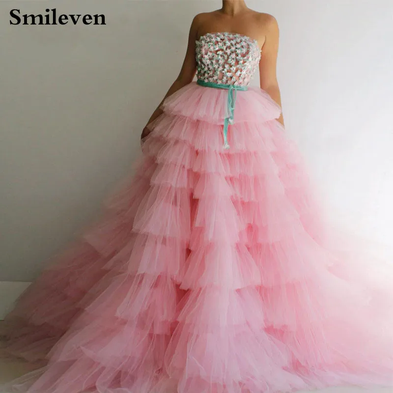 Розовые арабские платья Smileven для выпускного вечера Многоярусное Тюлевое длинное