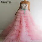 Розовые арабские платья Smileven для выпускного вечера, Многоярусное Тюлевое длинное вечернее платье без бретелек, вечерние платья для выпускного вечера на заказ