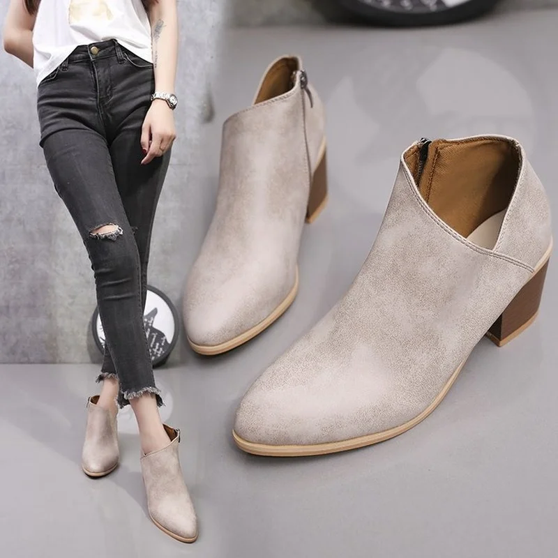 

Fashion Zipper Pointed Boots Women's Square Heel Ankle Boots Chelsea Style Winter and Autumn Plus Size Nude Boots 43