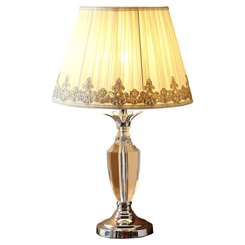 Современная Хрустальная настольная лампа для спальни тканевый абажур украшение