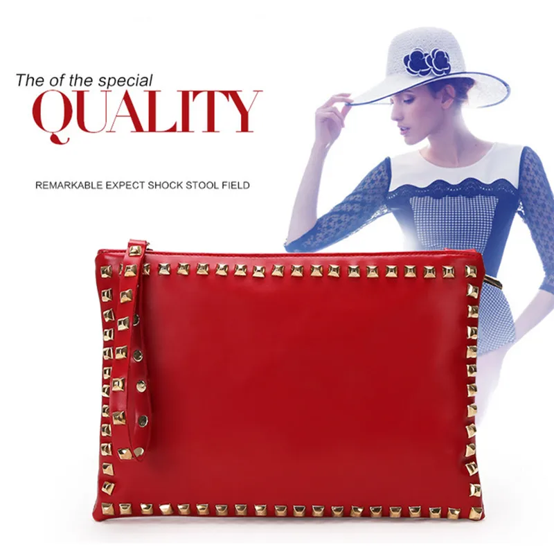 hisuely hot sale fashion women clutch handbag pu leather clutch bag rivets brand design retro lady envelop bag bolsa feminina sa free global shipping