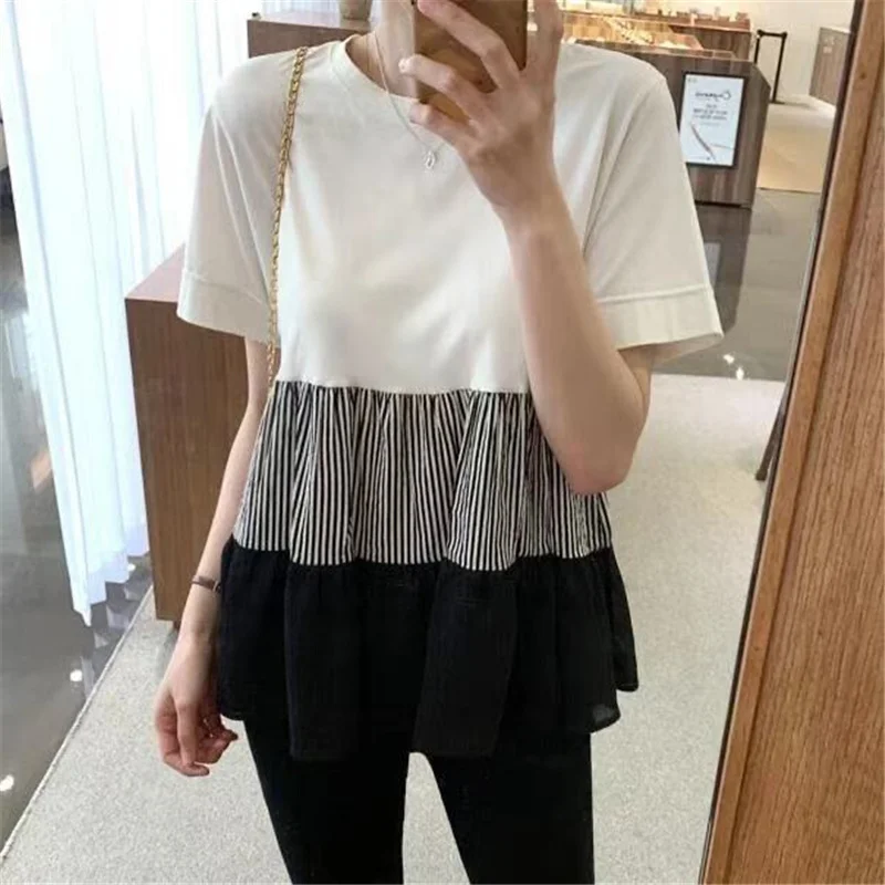 

Qooth Ruffled Pullover Color Match O-Neck Shirt Cotton Chiffon Short-Sleeved Summer Loose Blouse Womens Plus Size Shirt QT679