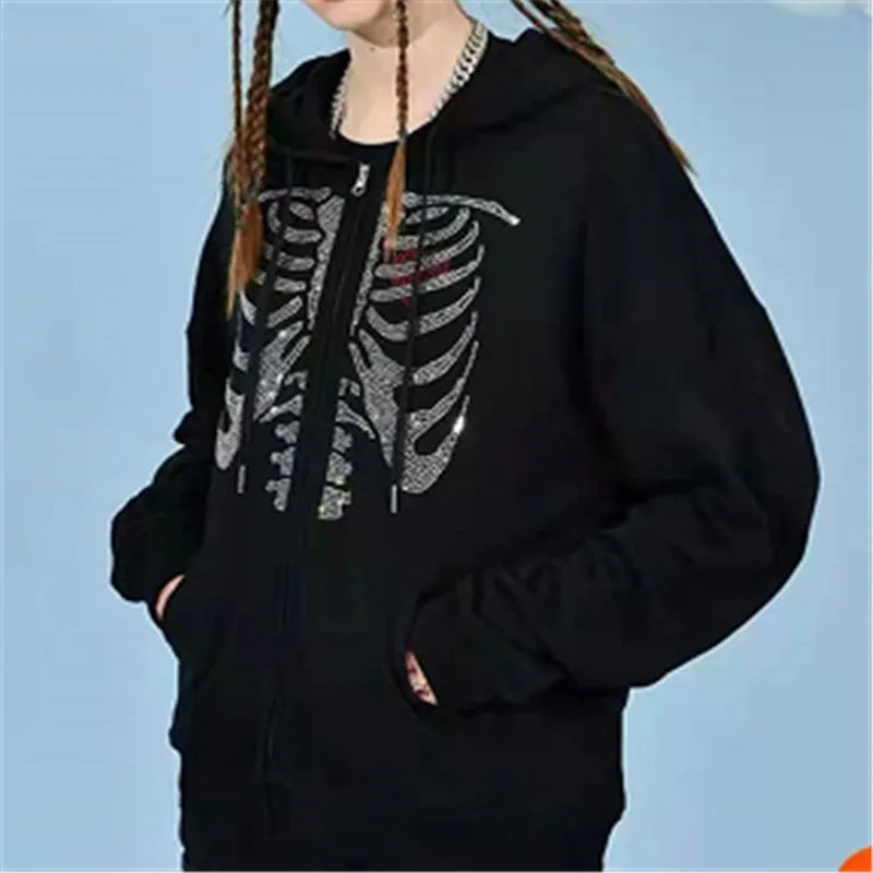 

2022 Autumn Retro Jacket Gothic Grunge Fairy Aesthetic Skull Printed Women's Sweatshirt Zipper Up Long Sleeve Hoodies Coat Tops