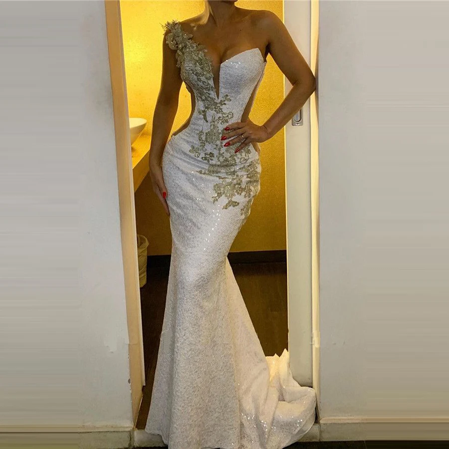 2020 сказочные белые вечерние платья с блестками и кружевной аппликацией Русалка