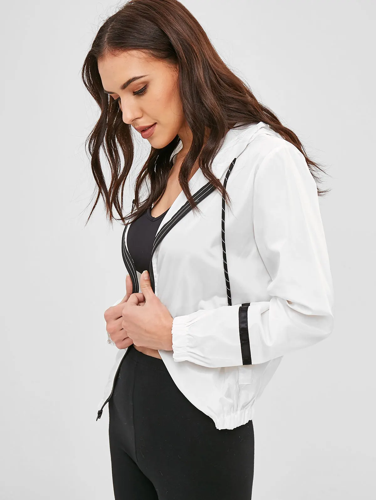 ZAFUL Stripe Panel Windbreaker Jacket Zipper Autumn Women Streetwear Wide-waisted Hooded 2019 lace Up Long Sleeve | Женская одежда