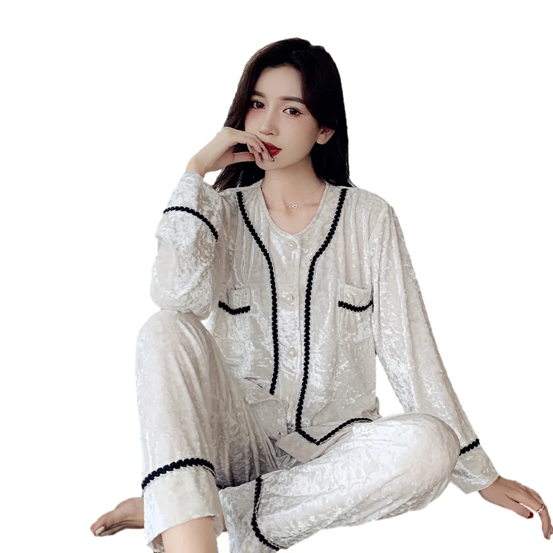 

Vintage Pijamas Women Cardigan 2 Piece/set Sleepwear Velvet Femme Pajama Lounger Wear Warm Home Suit Flannel Nightwear