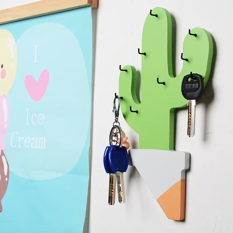 

Multi-function Wooden Cactus Modeling Key Hanger Storage Rack Creative Resin Self-adhesive Home Office Decoration Accessories