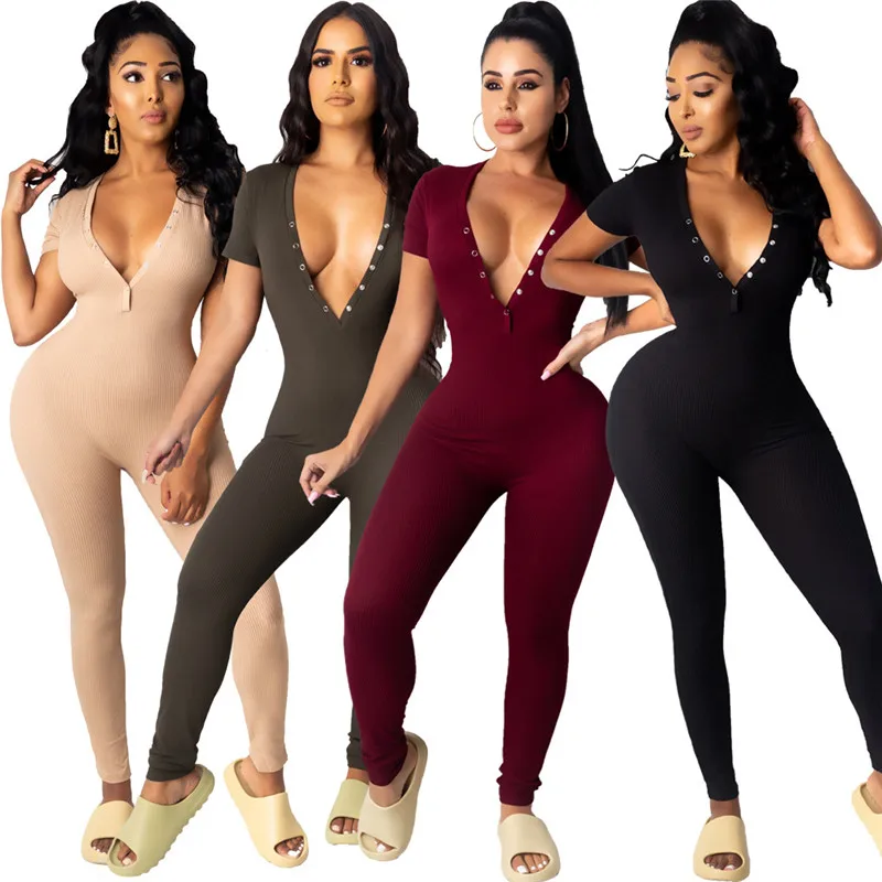 

Women Solid Ribbed Jumpsuit Grommet Sexy Deep V Neck Short Sleeve Slim Fitted Romper Fashion Casual Autumn Overalls